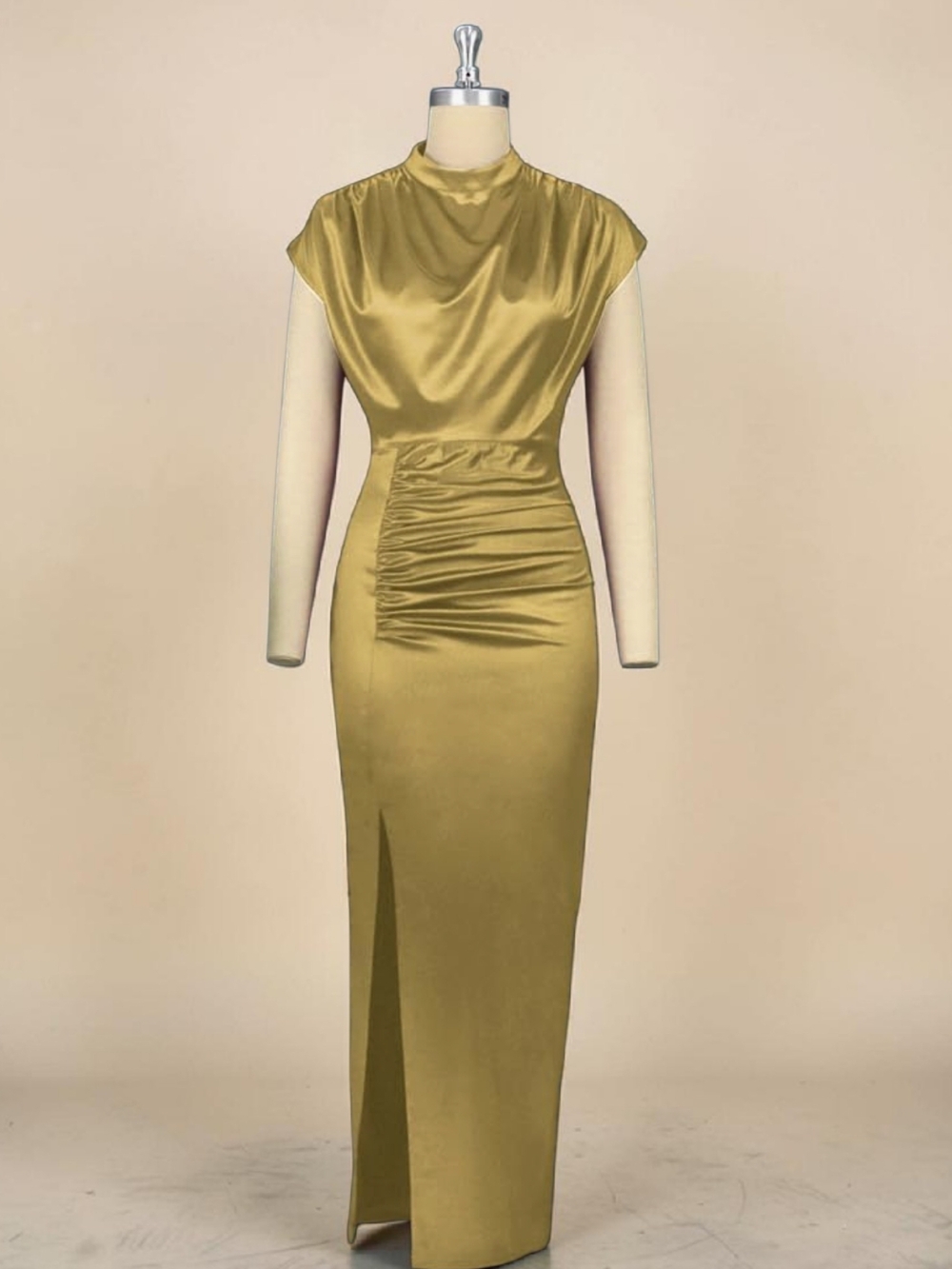 AOMEI - Size 20 (US Size) Gold Satin Ruched Midi Dress with Side Slit - Picture 4 of 12